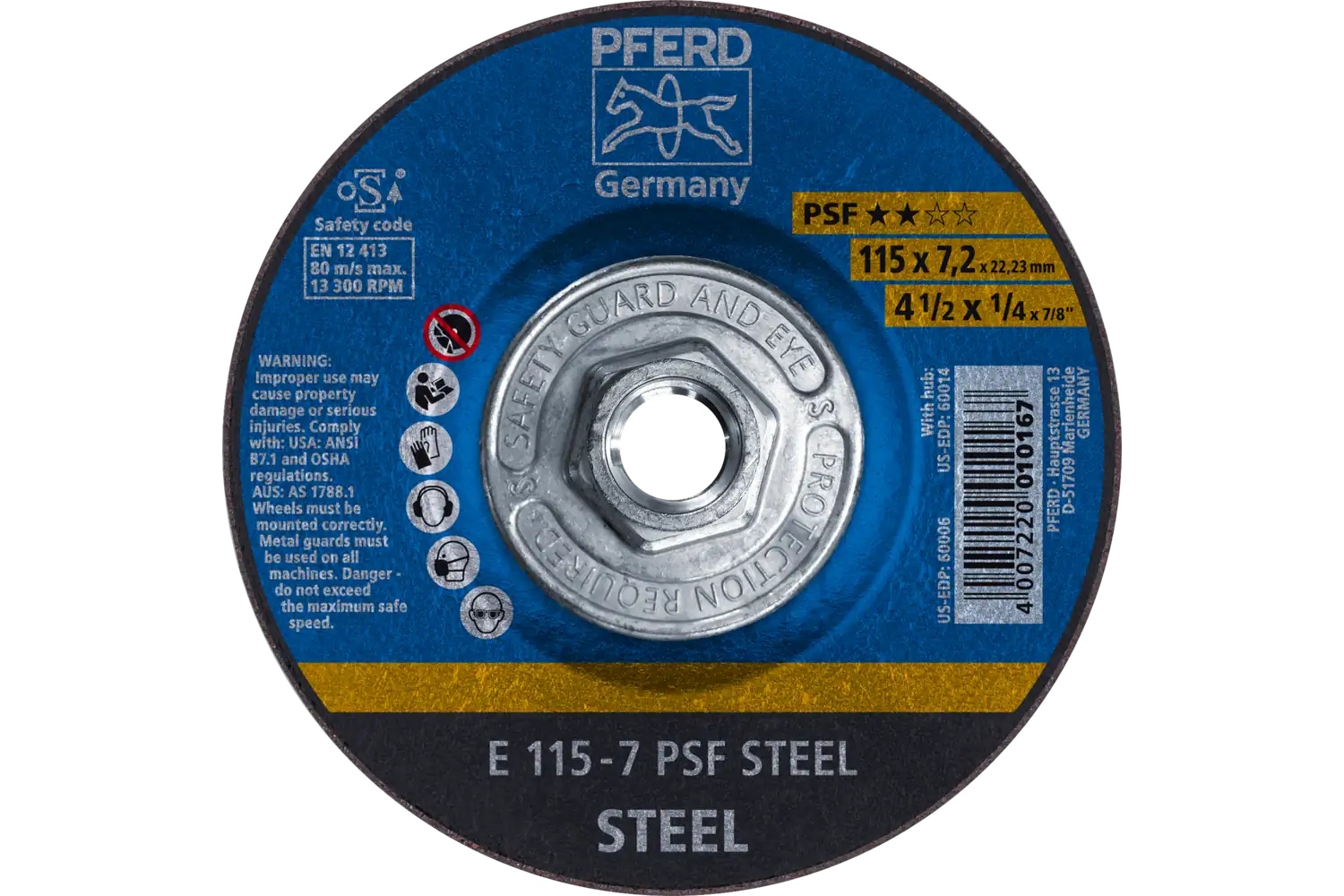 Picture of Pferd Grinding Wheel, 4-1/2" X 1/4 X 5/8-11, Psf Steel, T27, Aluminum Oxide